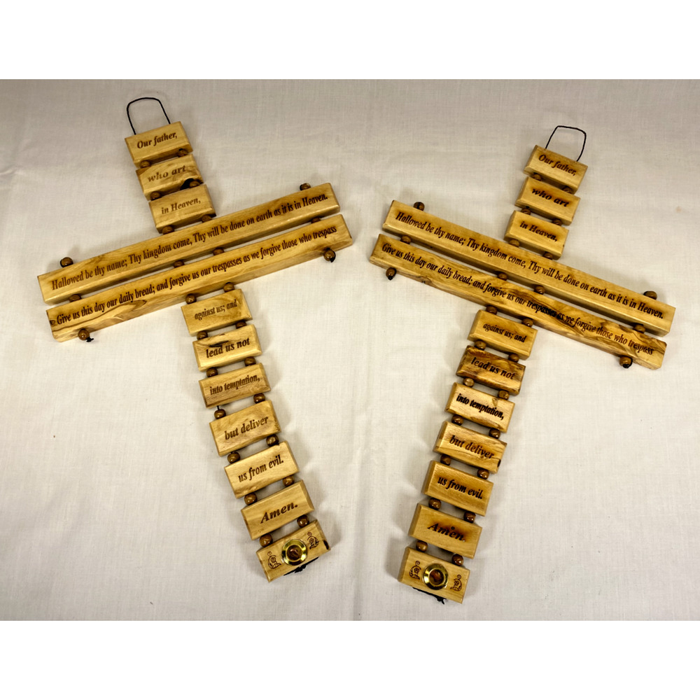Set of 2 Large Hand-Carved Bethlehem Olive Wood Wall Crosses 13" Lord's Prayer